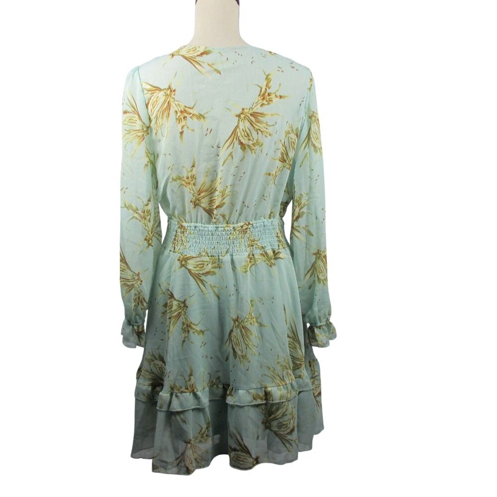 Floral Boho Long-Sleeve Tie-Front Ruffle Dress Size XL Light Green Boho - Picture 5 of 7
